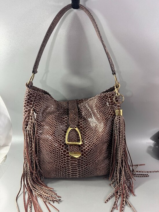 G.I.L.I. Handbags - NWOT G.I.L.I Sienna Cobra Brown Leather Stirrup Fringe Hobo Bag
